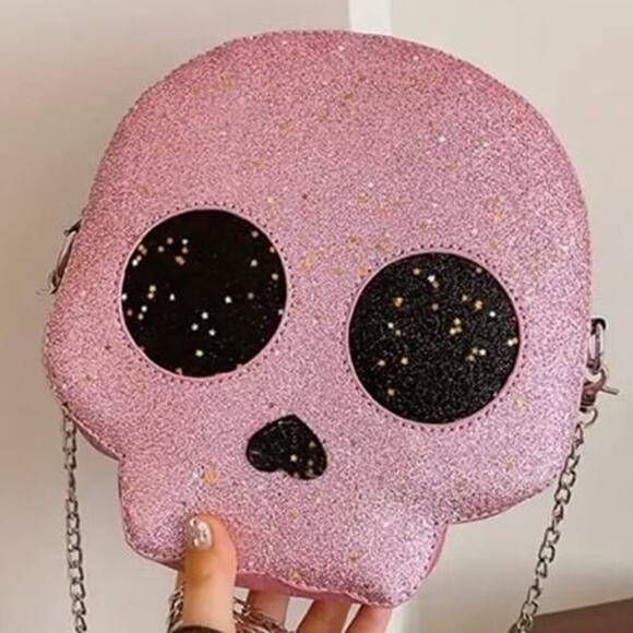Pink Glitter Skull‎ Crossbody Bag Chain Strap - Picture 7 of 7
